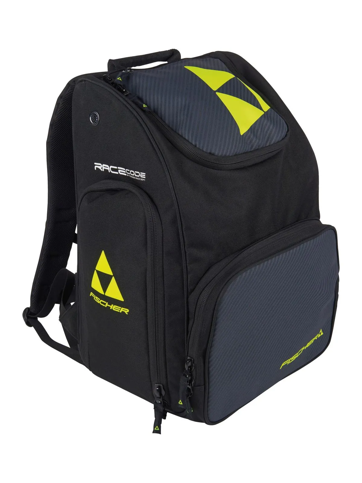 Schwarzer Fischer Backpack Race 55L mit gelben Logos, Frontfach und seitlicher Lademöglichkeit, seitlich platziert.
