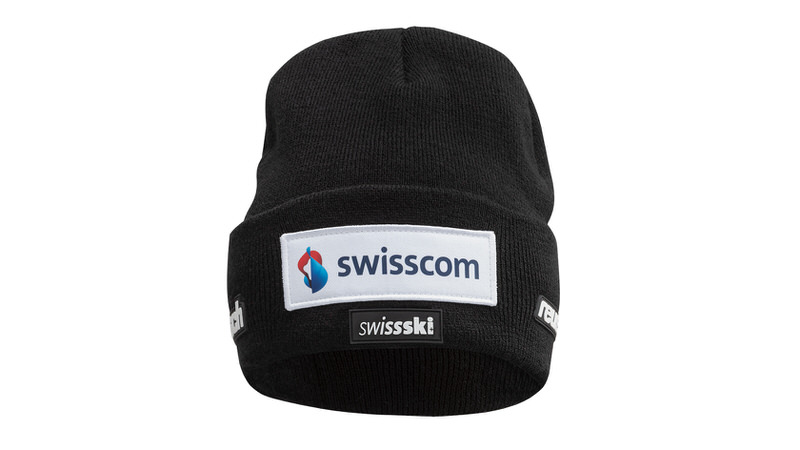 Schwarze Reusch Swiss-Ski Team Street Beanie mit "swisscom" und "swissski" Logos.