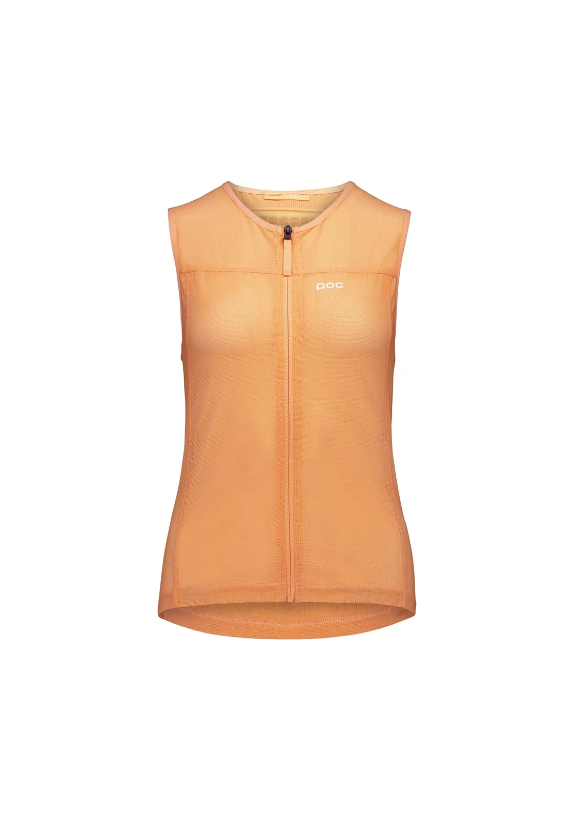 Sleeveless, orange functional vest with zipper, mesh structure and the "POC" logo on the right side of the chest.