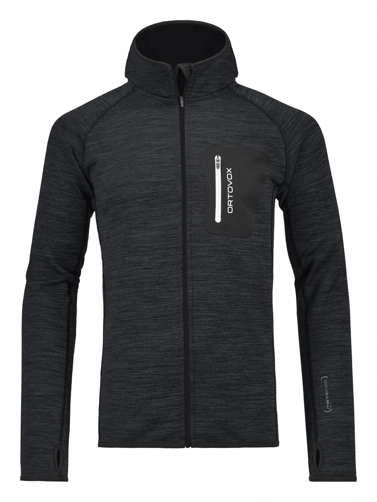 Schwarzer Ortovox Fleece Melange Hoody mit Kapuze, durchgehendem Reißverschluss und Brusttasche.