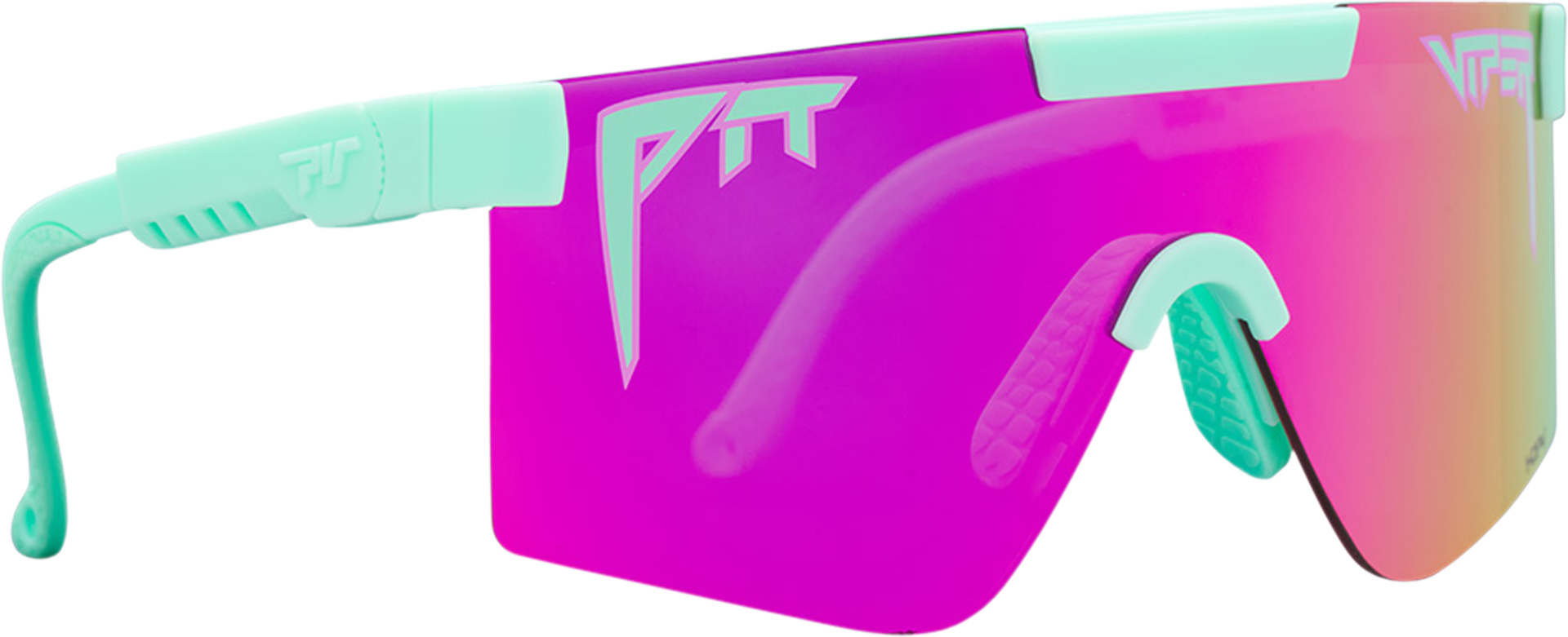 Sonnenbrille, Pit Viper The Oral Exam Original Polarized Pink, seitliche Ansicht, breites, pinkes Glas, mintfarbener Rahmen.