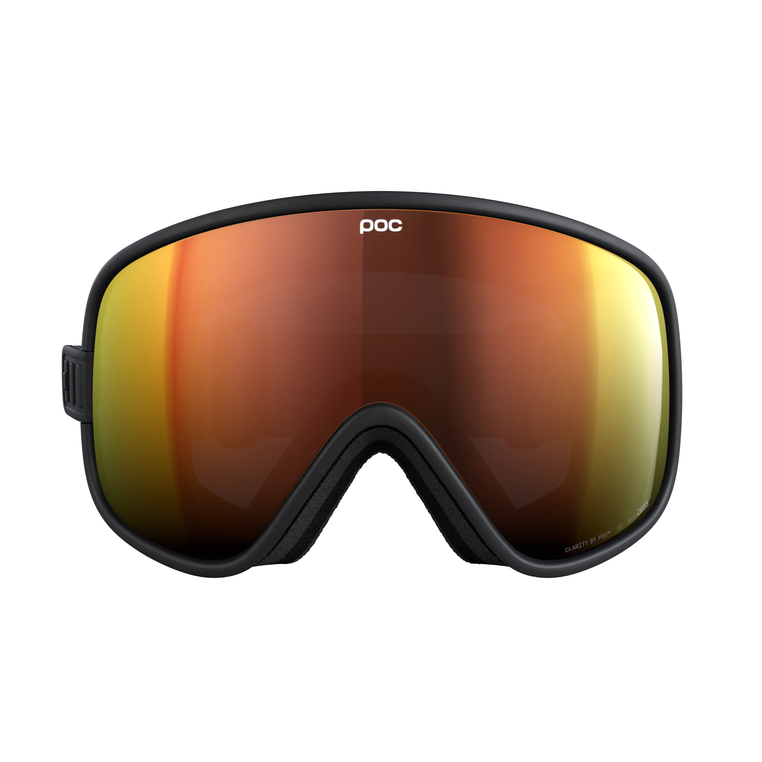 Vista frontale delle maschere da sci POC Vitrea in Uranium Black con lenti Partly Sunny Orange.