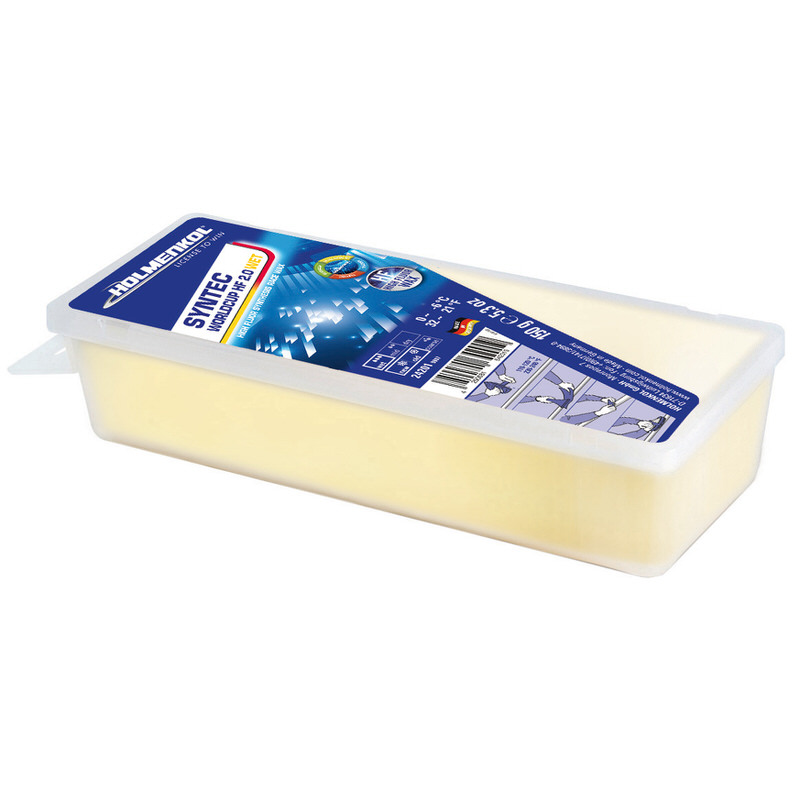 Verpackung Holmenkol Syntec WorldCup HF WET Skiwachs, gelblich, mit Anwendungsanleitung.