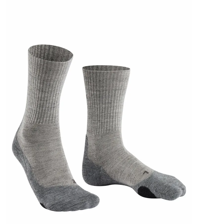 Two gray TK2 Wool men's trekking socks, lightly ribbed with reinforced zones.