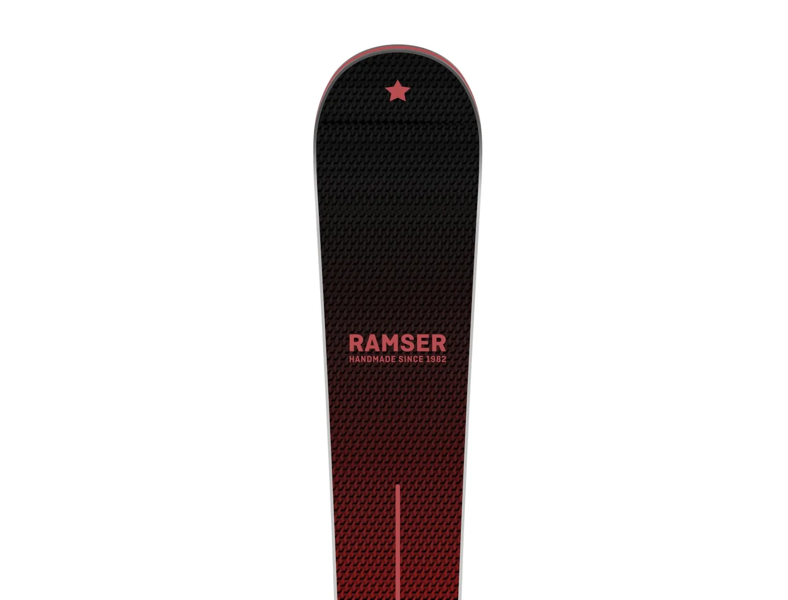 Close-up of a Ramser RED SL LTD ski with black to red color gradient texture and the Ramser logo.
