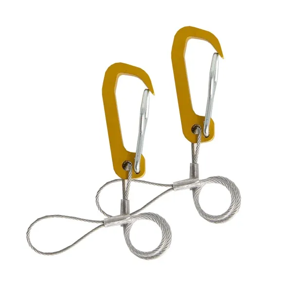 Two identical, light yellow carabiners with silver spring bars lie side by side on a white background. Each is connected via a metal sleeve to a braided wire rope that forms a secure loop.