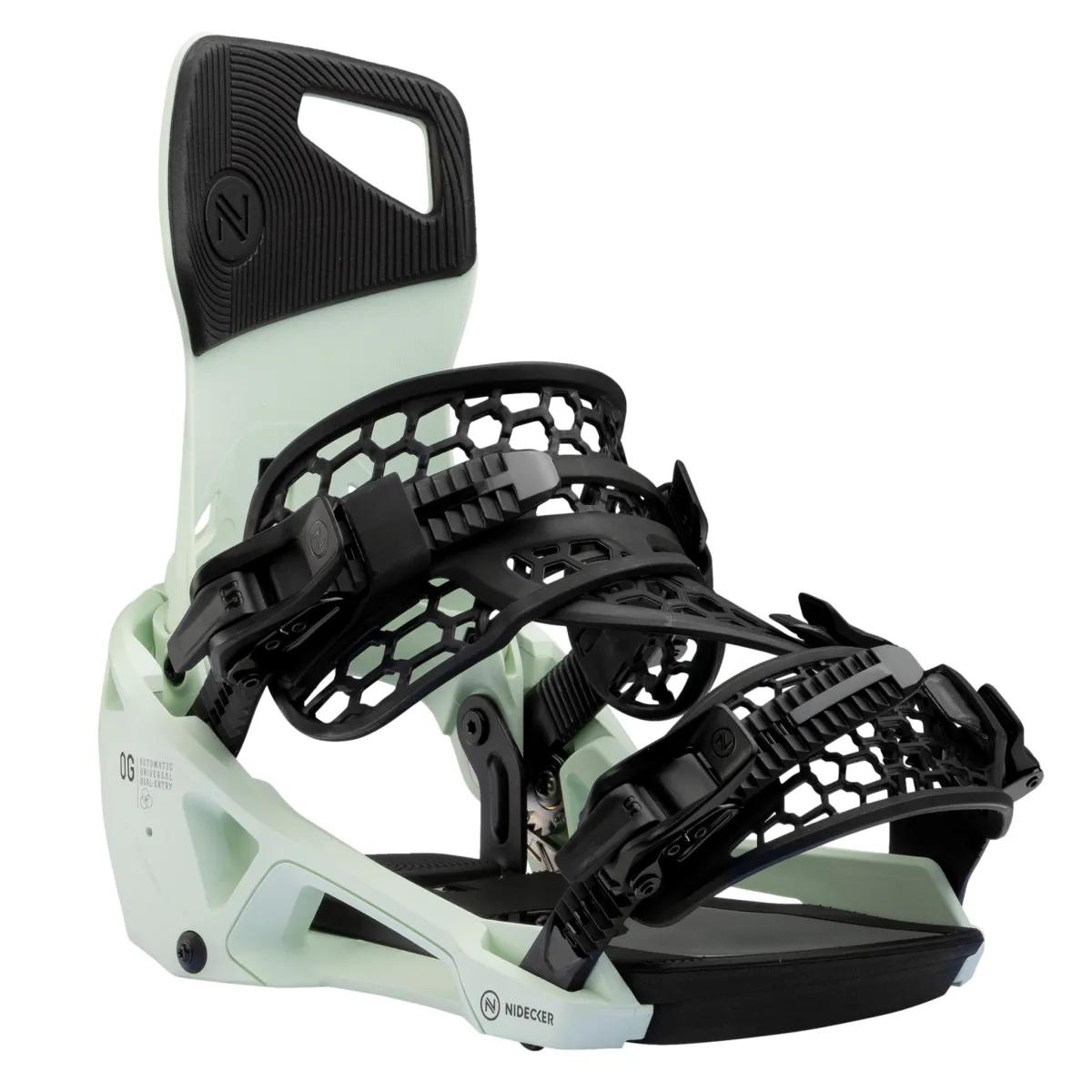 Schwachgrüne Snowboardbindung mit schwarzen Riemen und Schnallen, auf einer weißen Oberfläche.