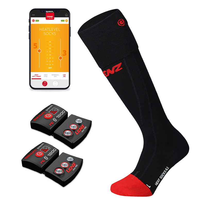 Schwarze Heizsocken 6.1 Schwarze Lenz Heat Sock 6.1, zwei Akkupacks und Smartphone-App zur Steuerung der Heizstufe. Rot abgesetzte Zehen.