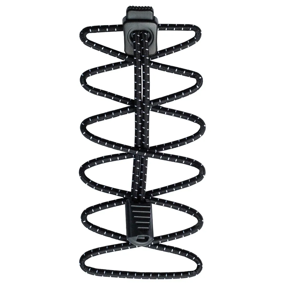 Lacci elastici neri con strisce riflettenti e chiusura in plastica, disposti a spirale.