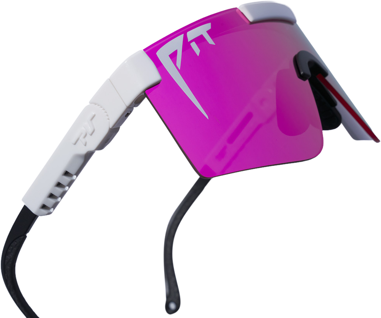 Pit Viper "The Miami Nights" Nahaufnahme einer Pit Viper Sonnenbrille "The Miami Nights". Pinke, polarisierte Gläser, weißer Rahmen, schwarze Bügel.