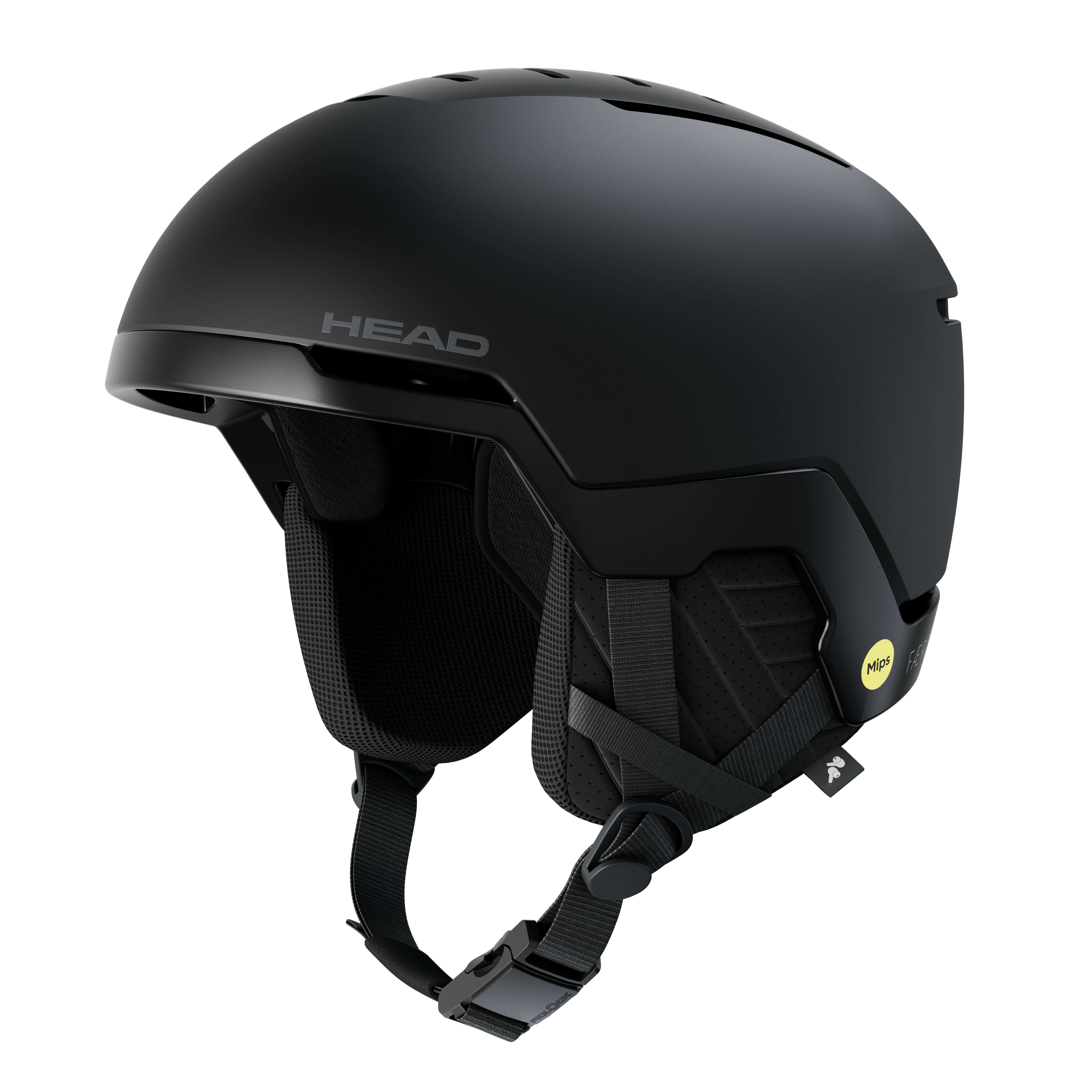 Schwarzer Head FAERO EXP MIPS Skihelm, Seitenansicht, mit MIPS-Aufkleber und Kinnriemen.