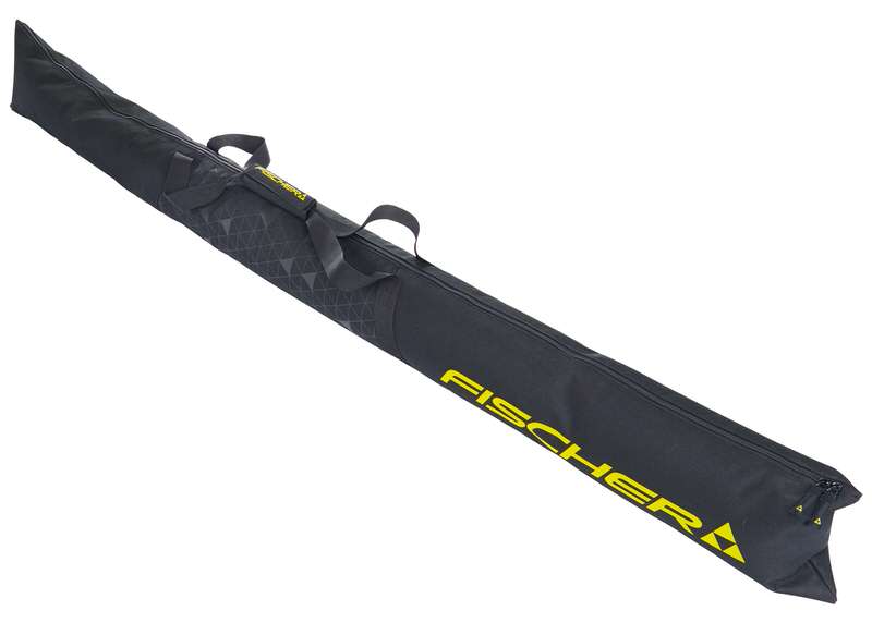 Skicase Eco Alpine noir avec inscription jaune "FISCHER", poignée de transport et fermeture éclair pour une paire de skis.
