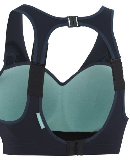 Ansicht der Rückseite vom Driva Sports Bra, mit verstellbaren Trägern und Hakenverschluss.