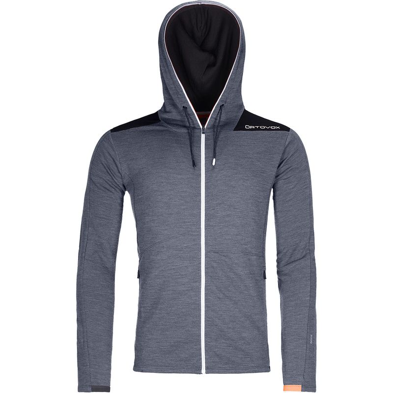 Grauer Merino Terry Hoody für Herren mit Kapuze und durchgehendem, weißem Reißverschluss.