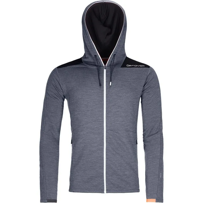 Grauer Merino Terry Hoody für Herren mit Kapuze und durchgehendem, weißem Reißverschluss.