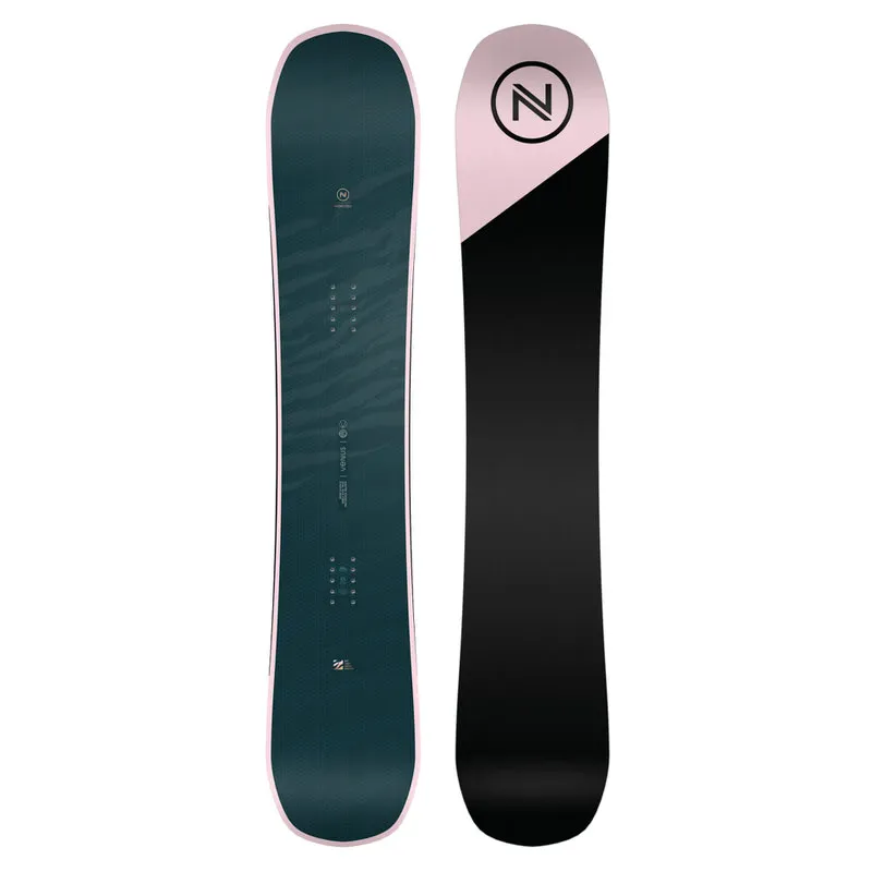 Zwei Nidecker Venus Snowboards, eins grün mit Muster und eins schwarz mit rosa und 'N' Logo.