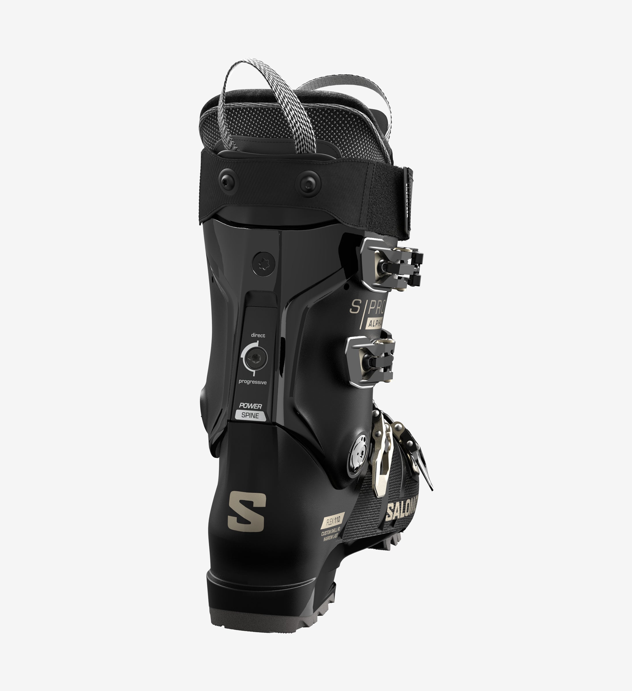 Schwarzer Salomon S/PRO ALPHA 110 W Skischuh, seitliche Ansicht, Details von Schnallen, Flex-Einstellung und Riemen sichtbar.