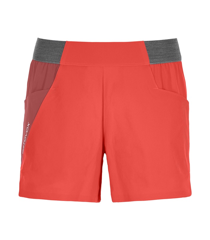 Korallfarbene Ortovox Piz Selva Light Shorts für Damen, Bund grau, Seitentaschen und Logo in Hellrot.