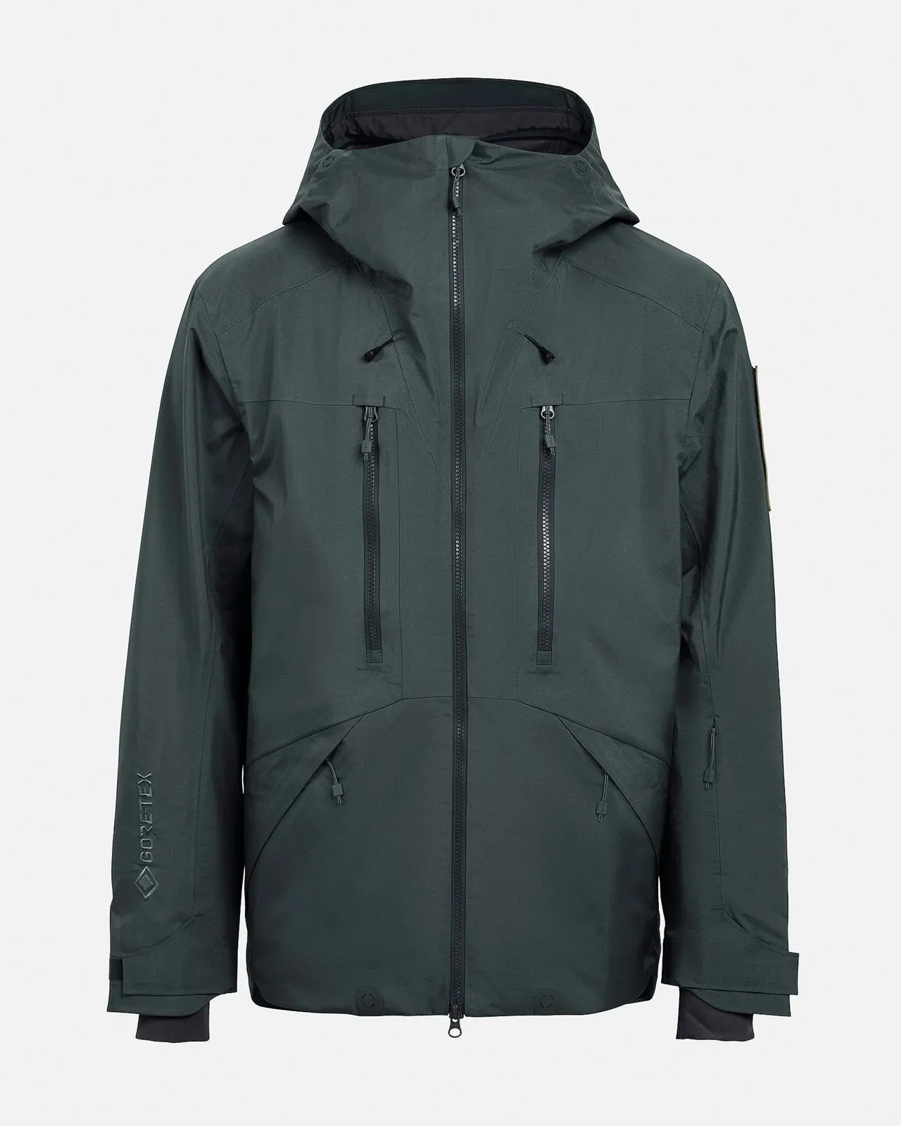 Grüne Z-2 EPE 3L Jacke Magic Forrest mit Kapuze, Reißverschlüssen und Taschen auf hellgrauem Hintergrund.
