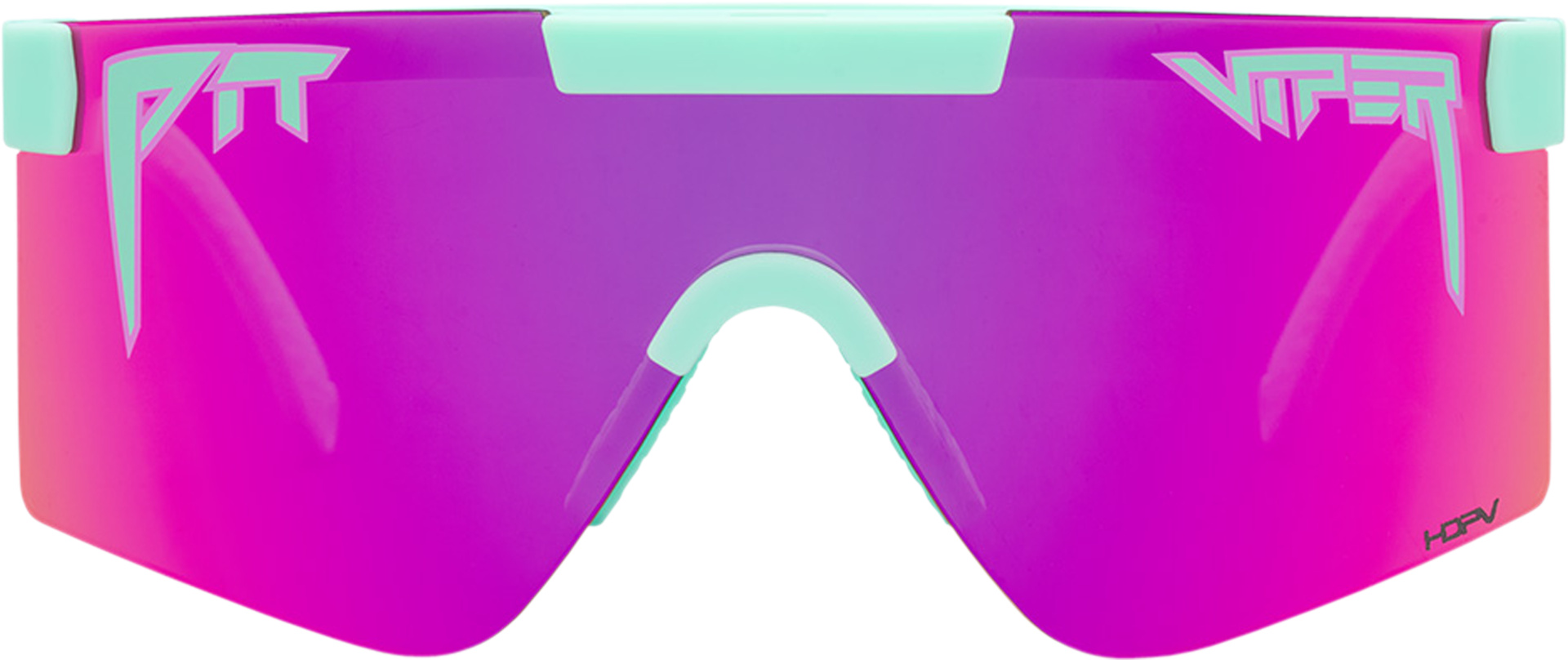 Die Pit Viper The Oral Exam Sonnenbrille in Pink, mit hellgrünen Akzenten, frontal aufgenommen. Die Gläser sind polarisiert.