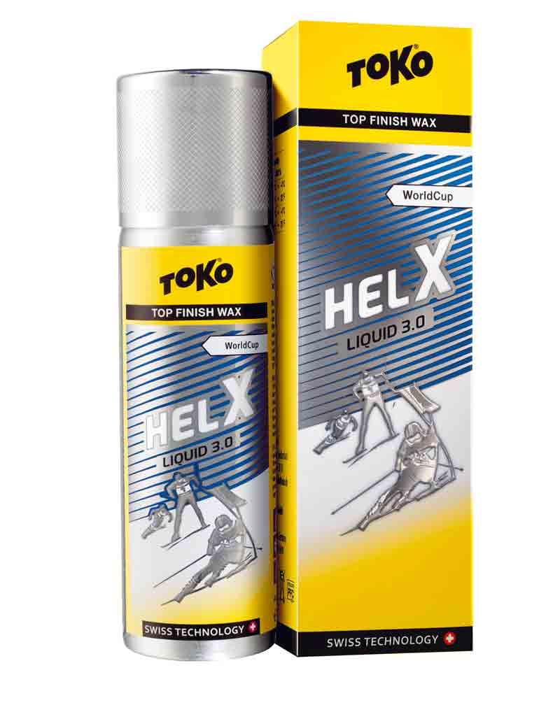 Toko HelX liquid 3.0 Blue: Sprühflasche und Verpackung mit Produktinformationen und stilisierten Skifahrer-Abbildungen.