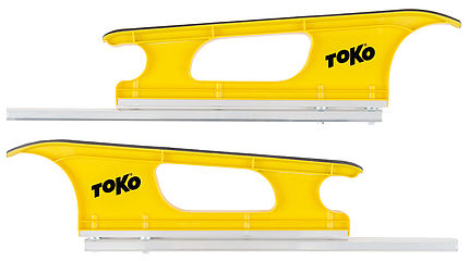 Profils XC jaunes Toko  Deux profils jaunes Toko XC Profile avec poignée et rail de guidage argenté, superposés.