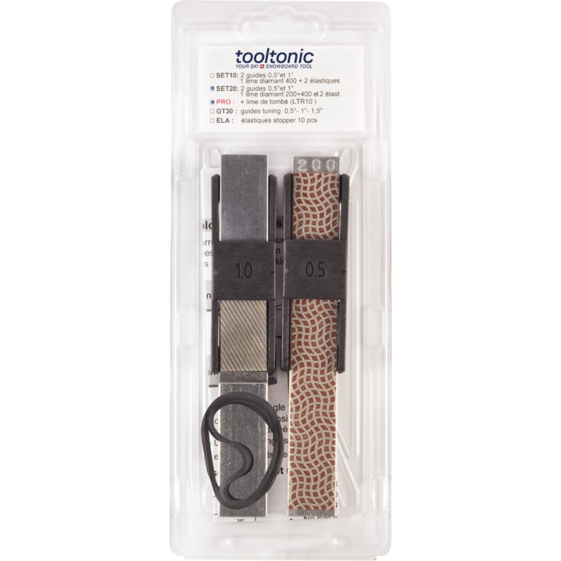 Tooltonic Kit de traitement des carres Tooltonic Carres inférieures SET20Pro : Set d'outils avec limes, guides et caoutchoucs pour le traitement des carres de ski et de snowboard dans un emballage plastique.