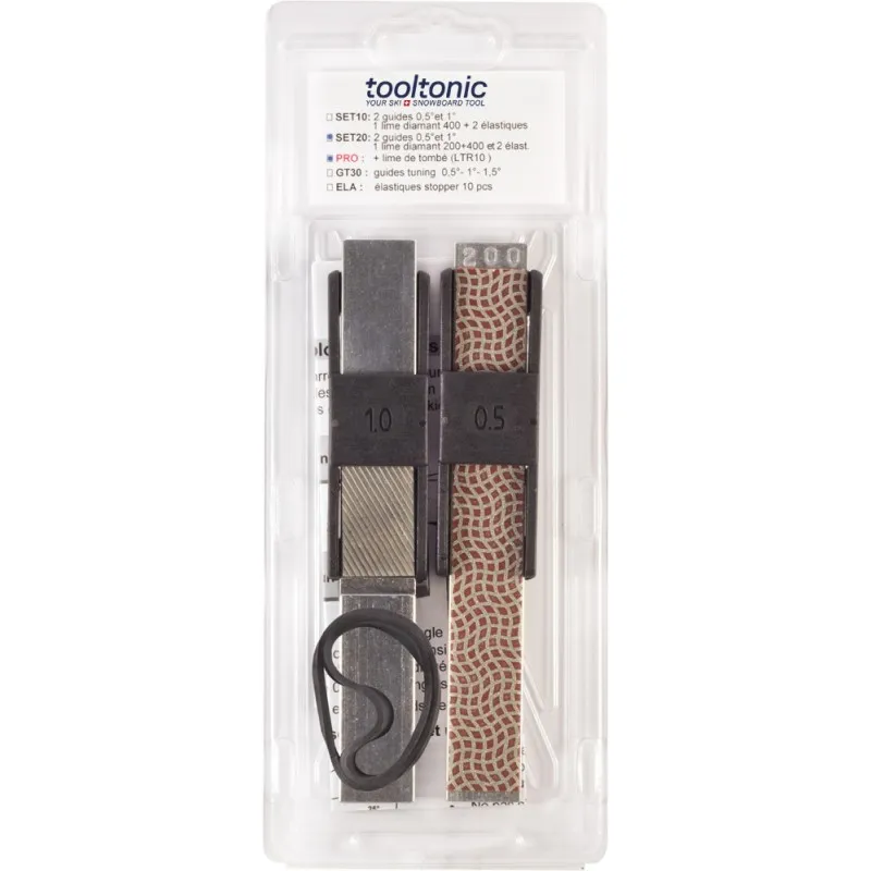 Tooltonic Bottom edges SET20Pro: Tool set with files, guides and rubbers for ski and snowboard edge processing in plastic packaging.