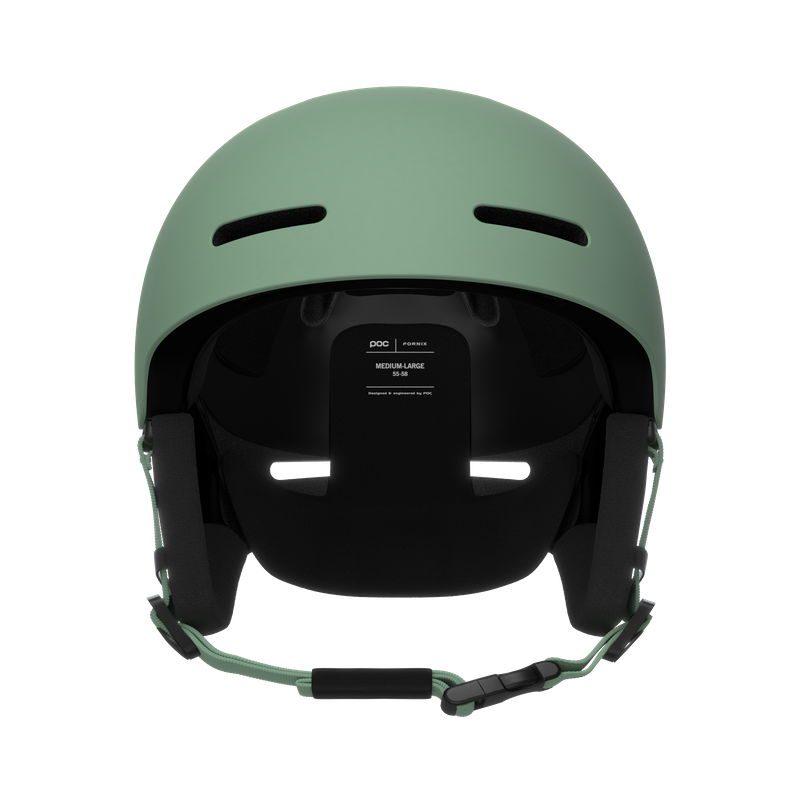 Innenansicht: Grüner POC Fornix MIPS Skihelm mit Belüftungsschlitzen und Ohrpolstern.