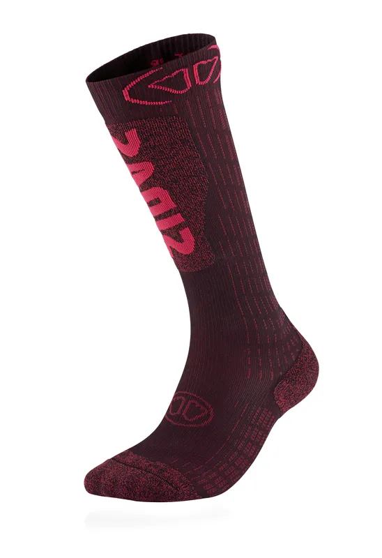 A long, dark red sock with light red details and a light red logo.
