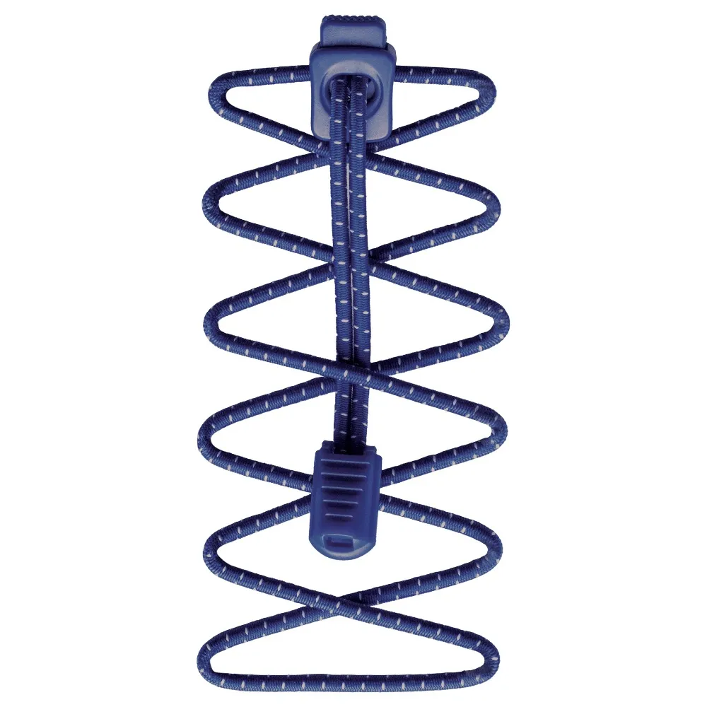 Lacci da corsa elasticizzati blu con motivo a punti bianchi e chiusura blu scuro, disposti al centro.