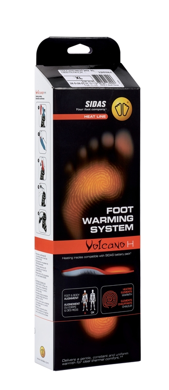 Sidas Volcano H Heizsohle Verpackung der Sidas Volcano H Heizsohle mit Fußabdruck-Grafik. Beschreibt Fuß- und Körperausrichtung und Wärme-Elemente.