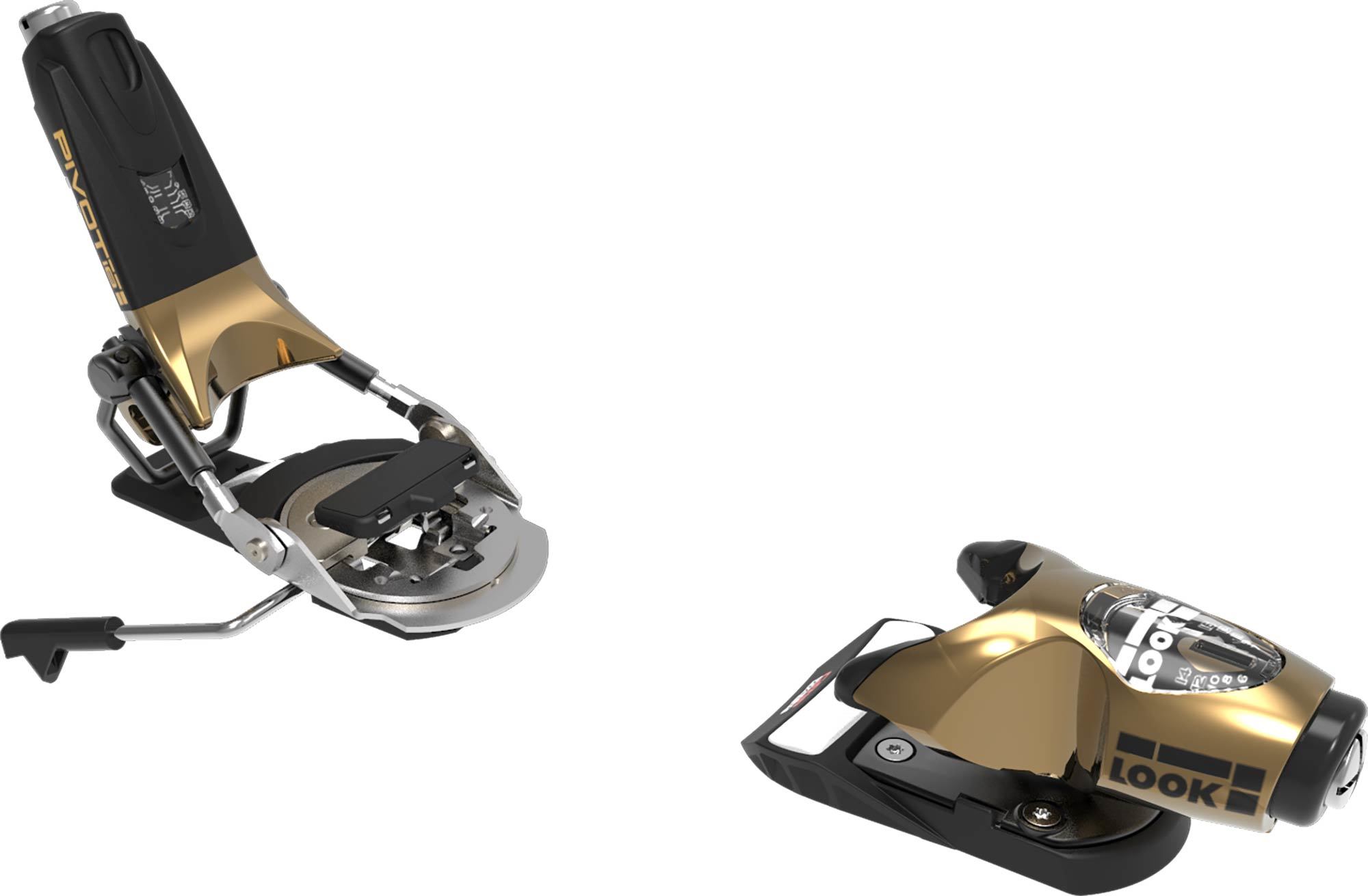 Zwei goldfarbene Look Pivot 15 GW Ski-Bindungen, eine mit vorderer und eine mit hinterer Ansicht.