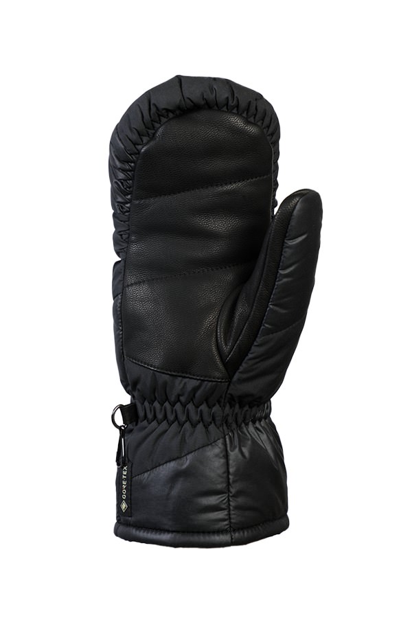 Eine einzelne, schwarze Snowlife Lady Anne GTX Daunenfäustling-Winterhandschuh. Steppmuster auf der Oberseite, Lederdetails.