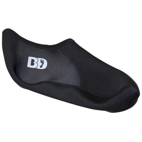 Schwarzer Neopren-Überzug für Skischuhe mit weißem Logo "BD".