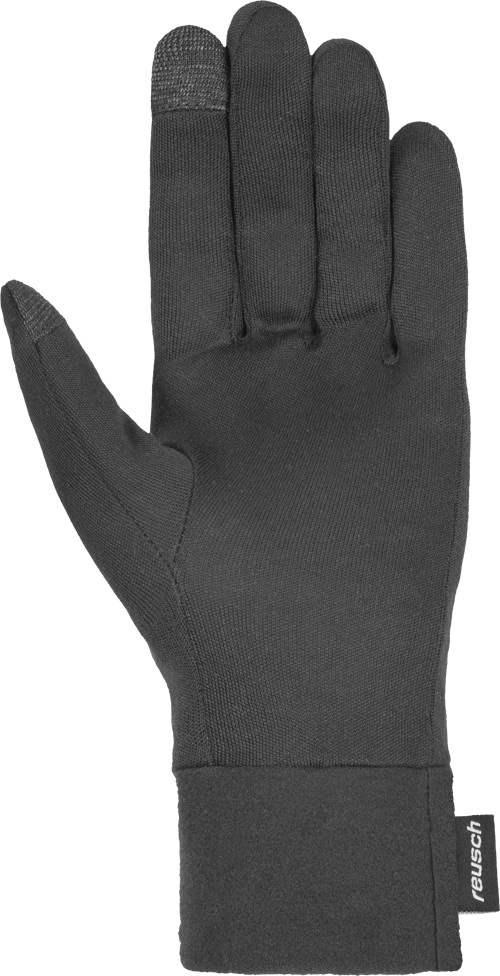 Ein einzelner, schwarzer Reusch Silk Liner TT Handschuh, Handflächenseite nach vorne. Der Zeigefinger hat eine Touch-Tec-Oberfläche.
