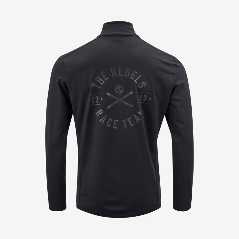 Schwarzer Head Rebels RT Midlayer für Herren, Rückansicht mit Logoaufdruck "Rebels Race Team".