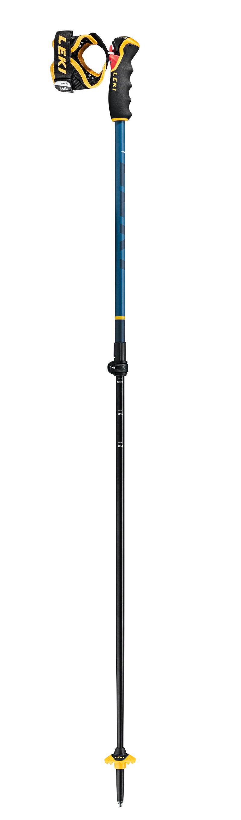 Blau-schwarzer Leki Spitfire Vario 3D Skistock mit gelben Akzenten, verstellbar, mit Handschlaufe.