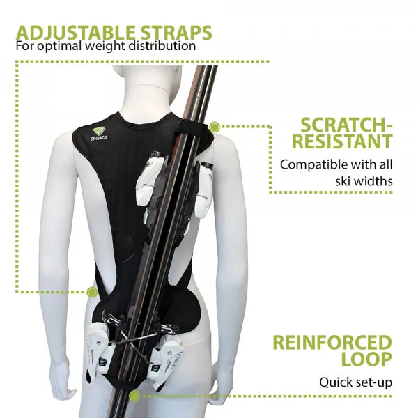 Skiback: doll with skis on its back, carried by a black carrying system. Shoulder straps are adjustable, reinforced loop.
