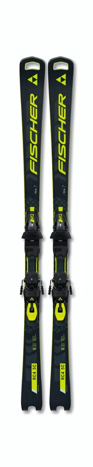 Skis noirs Fischer RC4 Worldcup SC avec écriture jaune et fixation Z12 vue d'en haut.