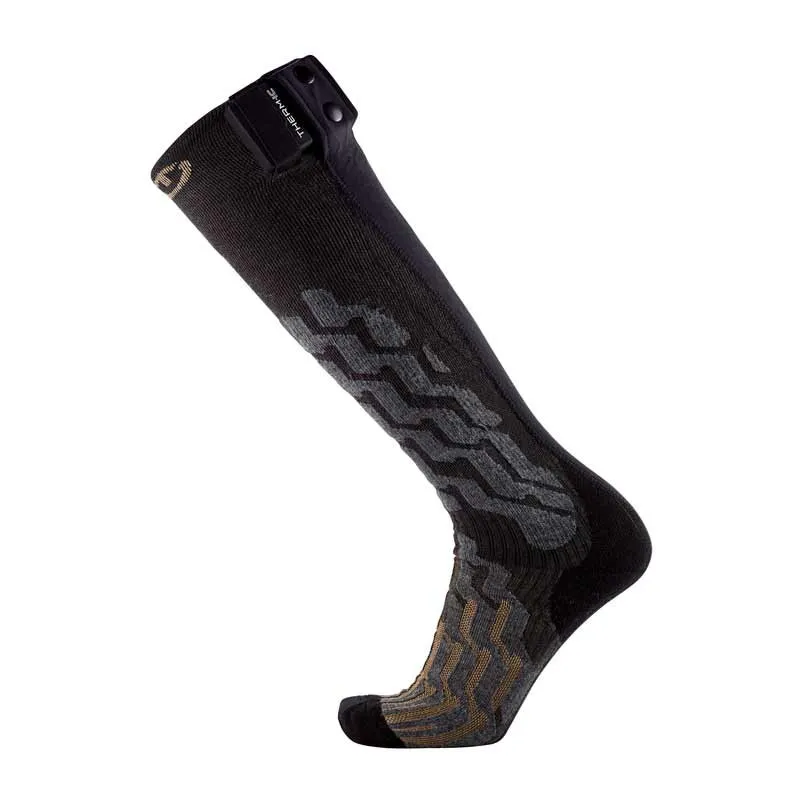 A black, knee-length Therm-ic Powersocks Heat Fusion Women ski sock with a gray-brown pattern.