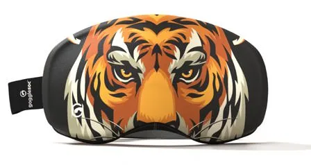 Ski goggle protection, Easy Tiger Pro Soc, with tiger face design in orange, black and white.