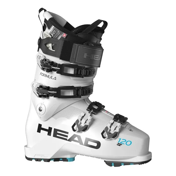 White ski boot with black lining, buckles and "HEAD" logo. "120 MV" in blue, on the side of the forefoot.