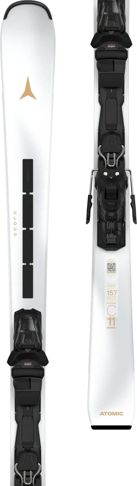 White ski with black bindings and brown accents. "Atomic" and "Cloud" can be read on the ski. Ski length 157 cm.
