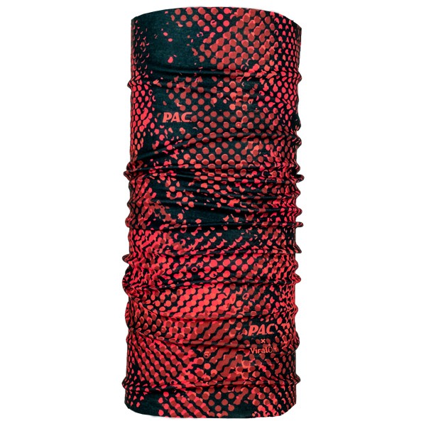 Tube scarf, PAC ViralOff Bladd, with an abstract pattern of red dots on a dark background.