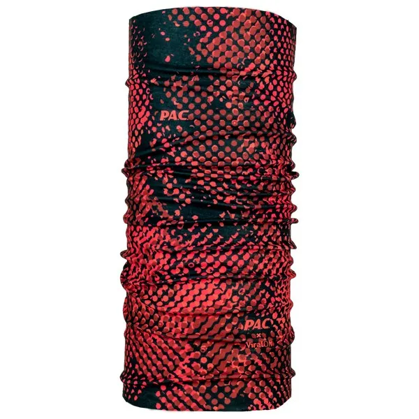 Tube scarf, PAC ViralOff Bladd, with an abstract pattern of red dots on a dark background.