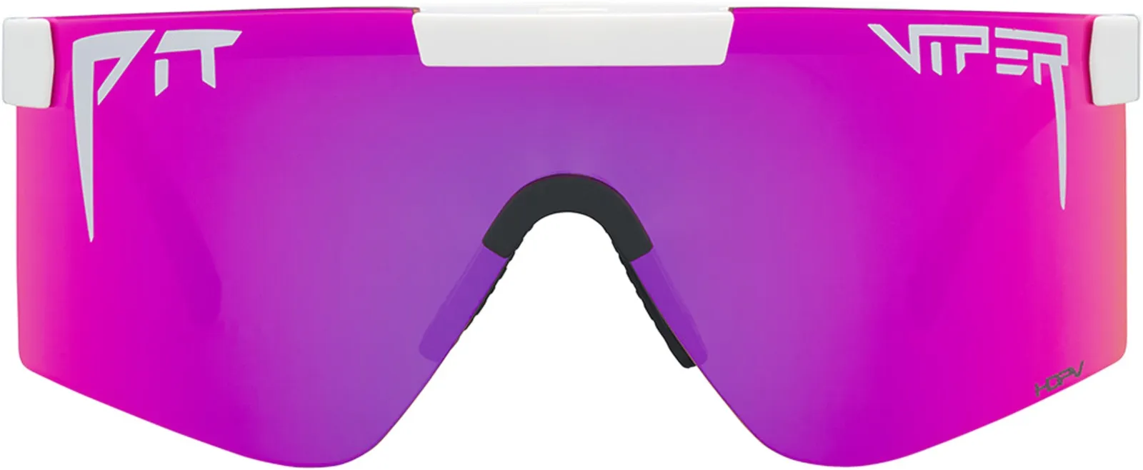Close-up: Pink polarized Pit Viper sunglasses with white frame. Logos on lenses.