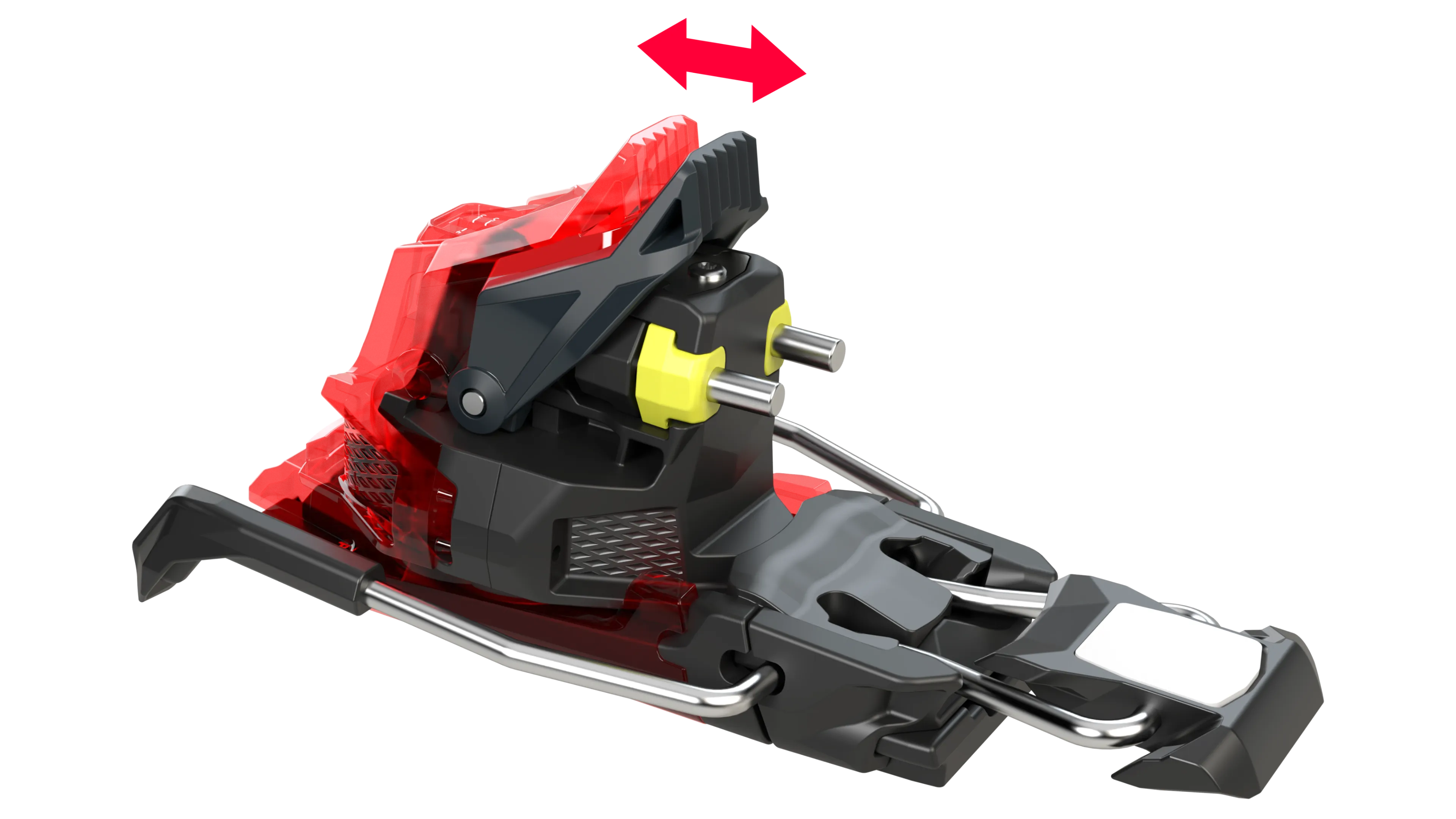 Close-up of the Fritschi Xenic Plus 12 ski touring binding, red and black. A red arrow indicates movement to the left and right.