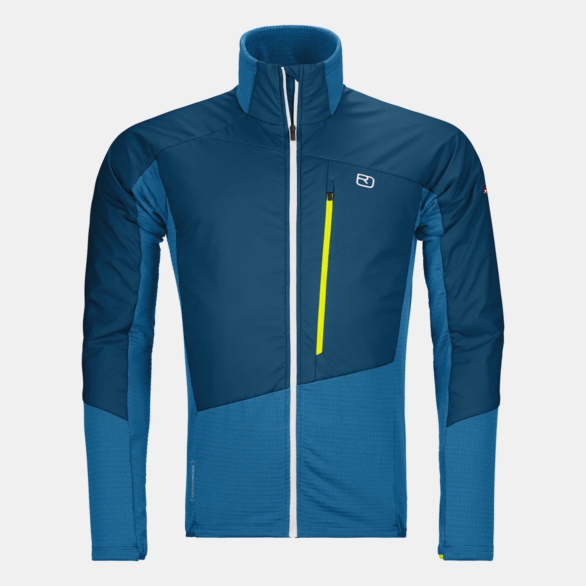 Blaue Ortovox Westalpen Swisswool Hybrid Herren Jacke mit durchgehendem Reißverschluss und gelbem Detail.
