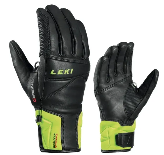 Due guanti Leki Worldcup Race Speed 3D, in pelle, neri con accenti gialli.